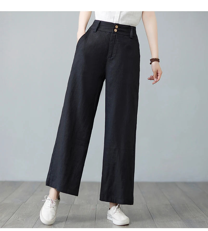 High Waist Wide Leg Cotton Linen Workwear Pants Women Loose Casual Straight Long Trousers Summer Faion plus Size All Match