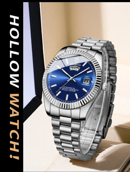 BINBOND Mens Quartz Watch Top Brand Sports Quartz Mens Watches Stainless Steel Waterproof Date Week Wristwatch Men Relogio