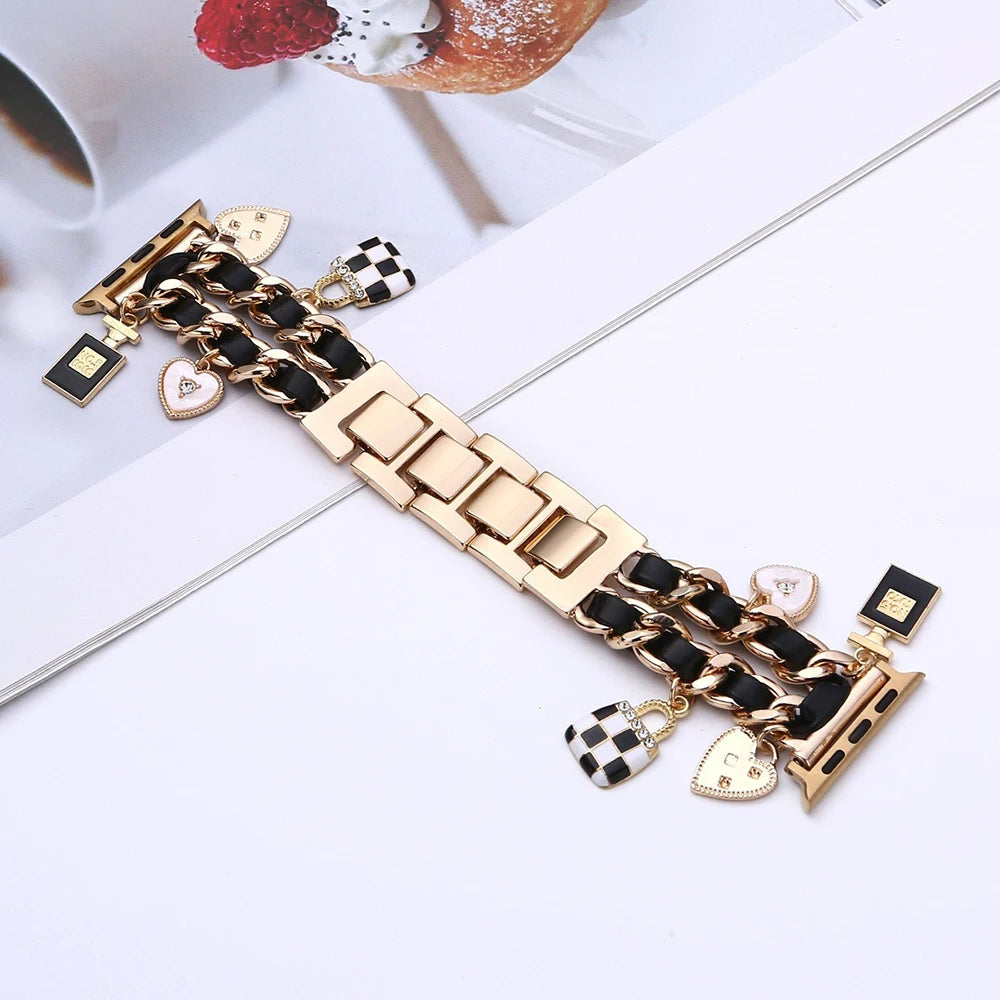 Stylish Metal Charms Watch Strap Compatible with Apple Watch Bands 38/40/41/42/44/45/49mm Replacement Strap with Unique Pendants