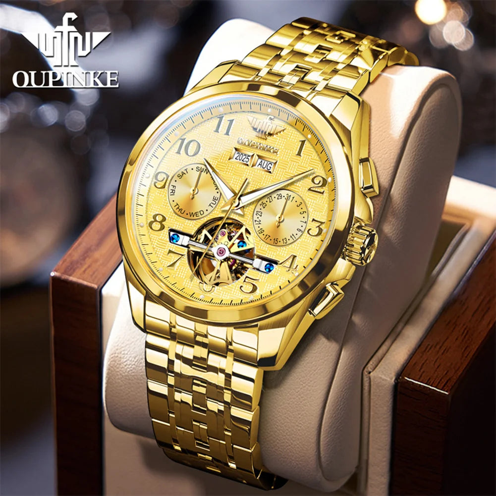 OUPINKE 3263 Mens Watch Luxury Flywheel Automatic Mechanical Watch﻿ 50M Waterproof Luminous Tungsten Steel Brand Watches New