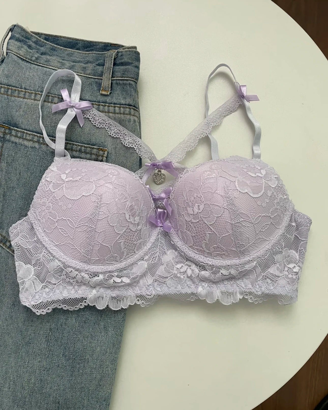 Lingerie Japanese Lace Bra Set, Heart Pendant Purple Lingerie Sexy & Pure Small Chest Push Up Bralette, Fashion Outerwear Design Enhancer