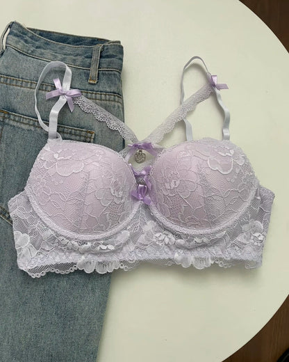 Lingerie Japanese Lace Bra Set, Heart Pendant Purple Lingerie Sexy & Pure Small Chest Push Up Bralette, Fashion Outerwear Design Enhancer