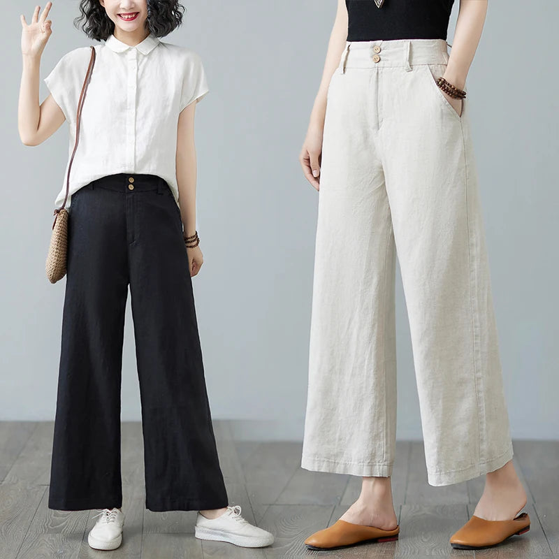 High Waist Wide Leg Cotton Linen Workwear Pants Women Loose Casual Straight Long Trousers Summer Faion plus Size All Match