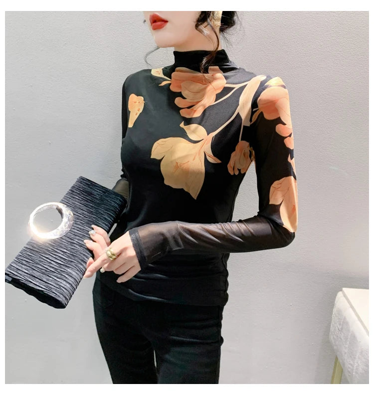 High Neck Long Sleeved Mesh Positioning Printed T-shirt Women Autumn Stretch Slim T Shirts Tops Female Base Tees HF8779