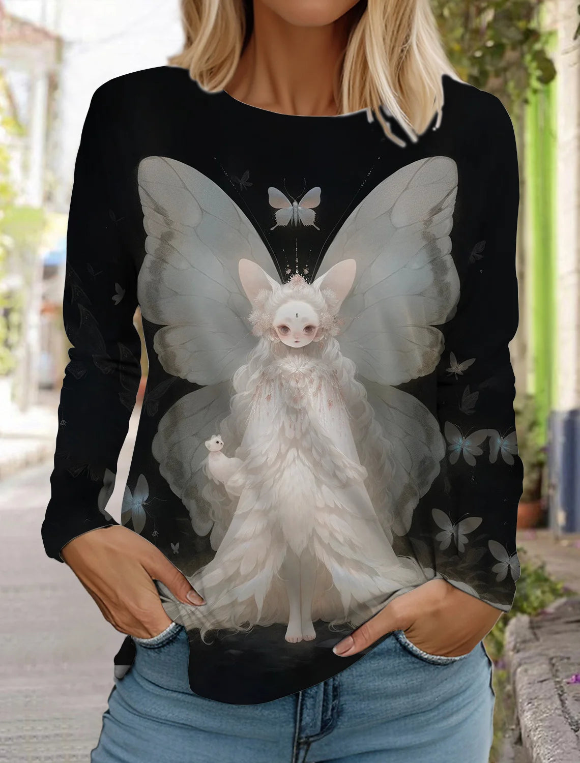 Long Sleeve 3D Printed Kitten Cute Print T-Shirt Women's Streetwear Round Neck Long Sleeve