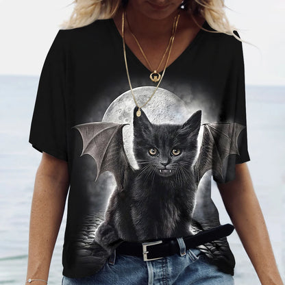 T-shirt Cat Print Short Sleeve Clothes Female Harajuku Tees Ladies T Shirt Oversized Tops Animal Women Clothing