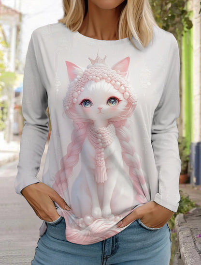 Long Sleeve 3D Printed Kitten Cute Print T-Shirt Women's Streetwear Round Neck Long Sleeve