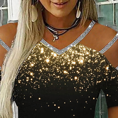 Women Glitter Short Sleeve V Neck T Shirt Ladies Casual Cold Shoulder Blouse Tops Clothing