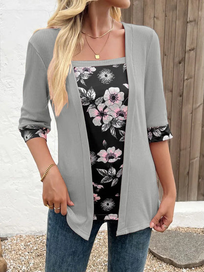 European,Clothes,Elastic,T-Shirt,Women,Chic,Sexy,Fake two pieces,Patchwork,Print,Tops,Half Sleeve,Loose,Tees,