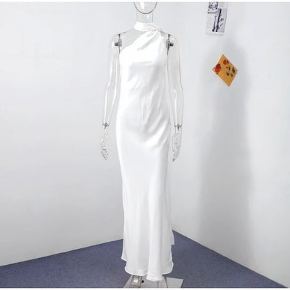 Elegant Ribbon Halter Dress Women Solid Off Shoulder Sleeveless Backless Slim Maxi Dresses 2025 Summer Autumn Party Robes Lady