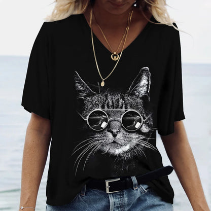 T-shirt Cat Print Short Sleeve Clothes Female Harajuku Tees Ladies T Shirt Oversized Tops Animal Women Clothing