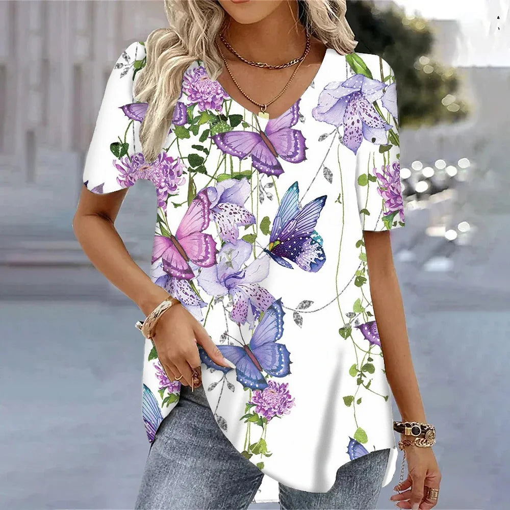 Butterfly Printed Short Sleeve T-shirt Korean Style Women's Clothes 2024 V-neck Short Sleeves Tees Shirt Loose Casual Blouses