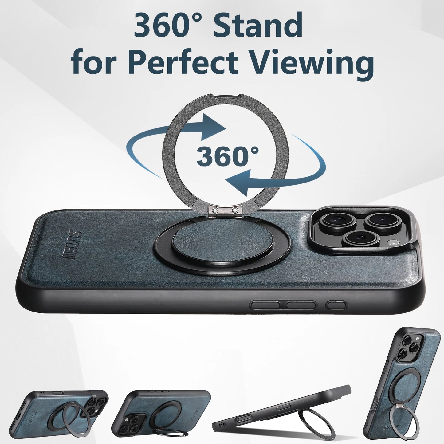 Strong Magnetic Compatible MagSafe Wireless Charging 360° Rotating Ring Stand PU Leather Phone Case For iPhone 17 16 15 14 13 12