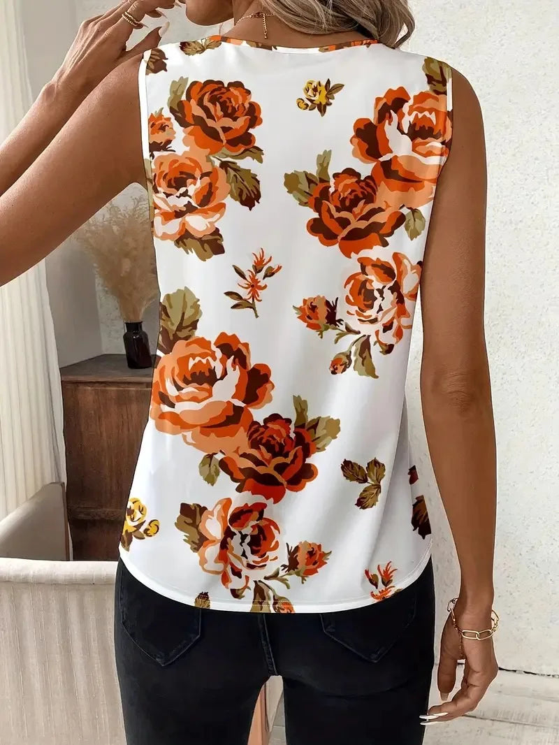 V-neck Vest New Fashion Plant Printed Sleeveless Top Pullover Simple Basic T-shirt