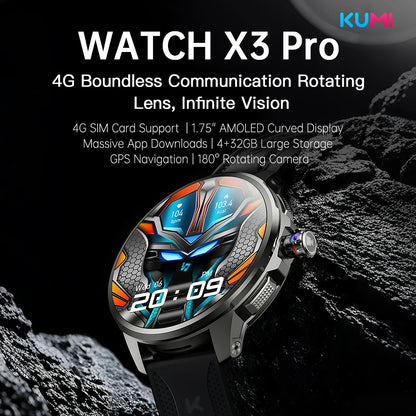 KUMI Watch X3 Pro Android 4G WiFi Smartwatch, 1.75" AMOLED, GPS, 200MP Camera, 32GB, Waterproof, Fitness Tracking Smart Watch