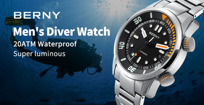 BERNY Automatic Dive Watch for Men Super Luminous Original Design 20ATM Diver Wristwatch Sapphire, Local Warehouse Fast Delivery