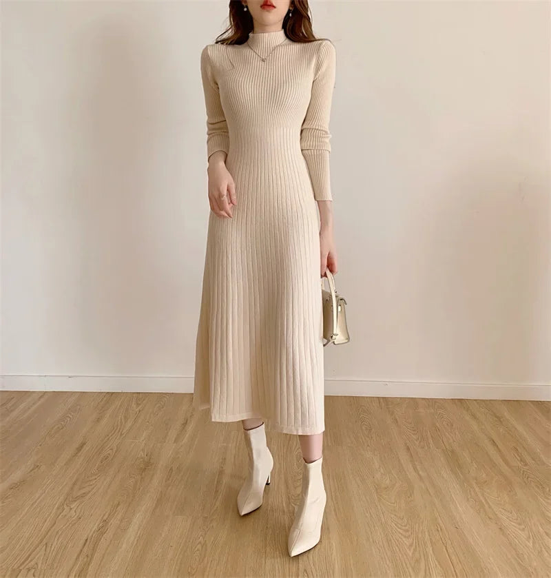 Slim Long Sleeve Party Midi Dress for Women Knitted Half High Collar Elegant Knitted Sweater Dresses Ladies