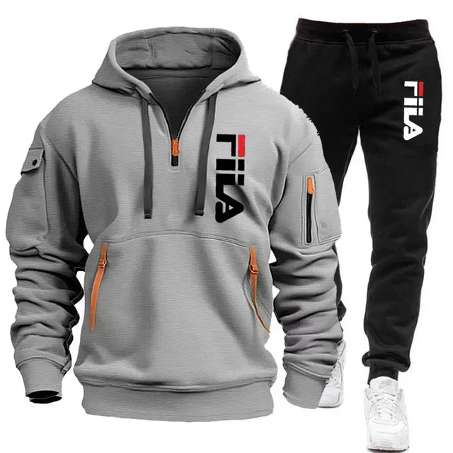 Autumn and Winter 2025 new men's hooded sweatshirt + pants two-piece set, outdoor multi-pocket men's pullover sportswear set