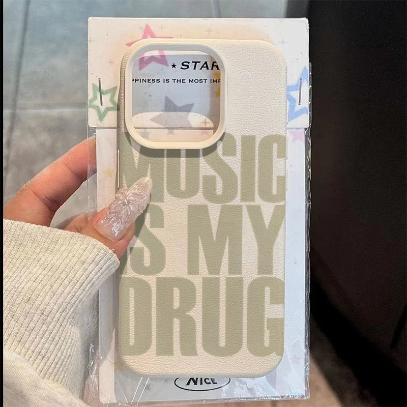 Phone Case For iPhone 17 11 13 12 15 14 16 Pro Max XS XR X 7 8 Plus SE 17 Air MUSIC IS MY DRUG Pattern Lychee Texture Soft Cover