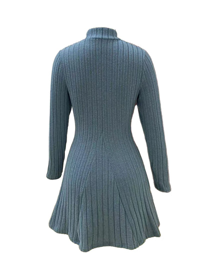 Women's slim fit half high collar waist cinched A-line skirt long sleeved pit stripe dress