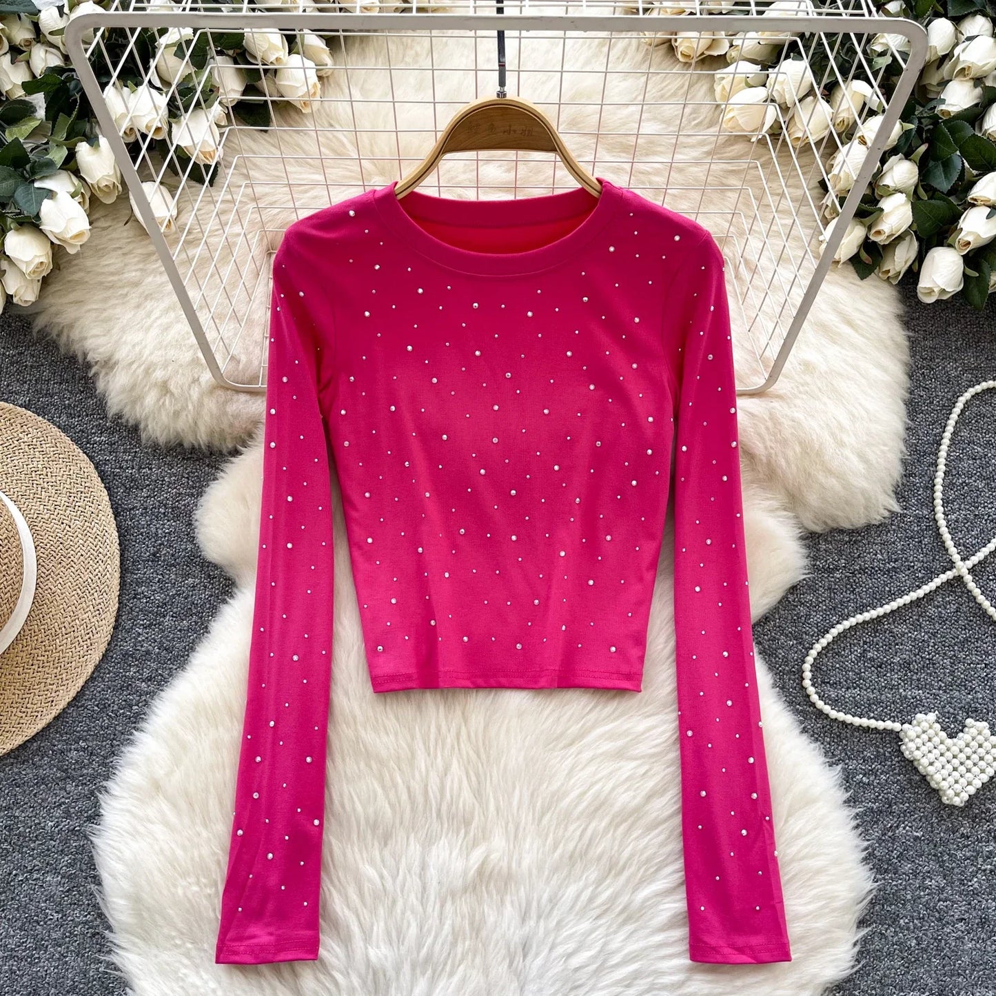 Long Sleeves Hotsweet O-neck Fashion Rhinestone Slim Top French Streetwear Sexy High Street Autumn Winter Women T-Shirts
