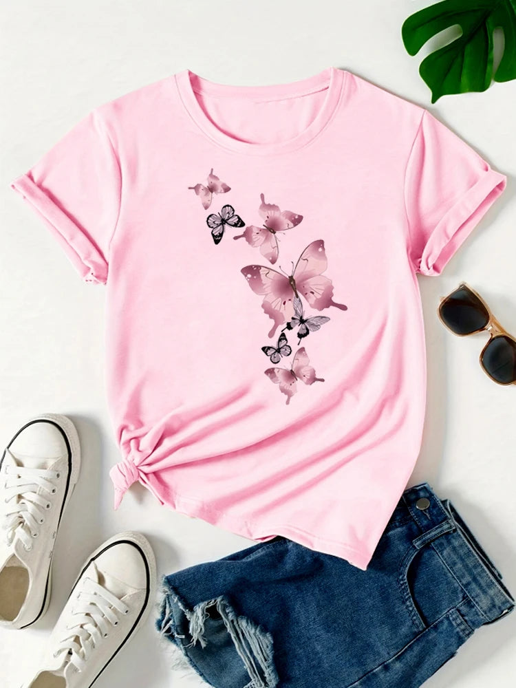 Fashion Butterfly Print Harajuku Female Harajuku Short Sleeve Casual Women's T-shirt Clothing Street Tops Tees Aesthetic Clothes