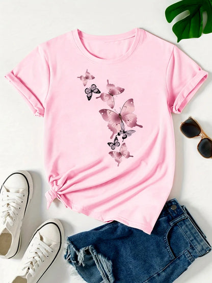 Fashion Butterfly Print Harajuku Female Harajuku Short Sleeve Casual Women's T-shirt Clothing Street Tops Tees Aesthetic Clothes