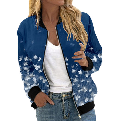 Autumn Bomber Jacket For Women Fashion Flower Print Outwear Stand Collar Zipper Baseball Coat Elegant Slim Basic Ladies Jackets