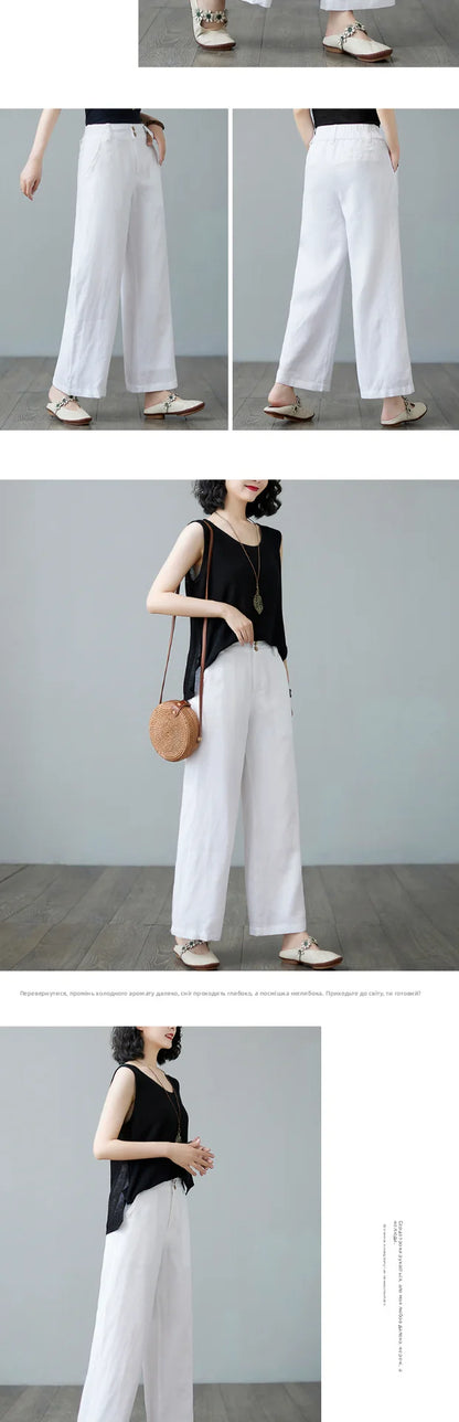 High Waist Wide Leg Cotton Linen Workwear Pants Women Loose Casual Straight Long Trousers Summer Faion plus Size All Match