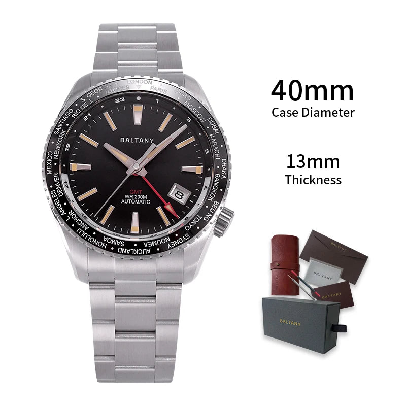 Baltany 2025 New Nh34 Gmt Men's Mechanical Watch 40Mm Sapphire Luminous C3 Stainless Steel Waterproof Sports 20Bar Watches for M