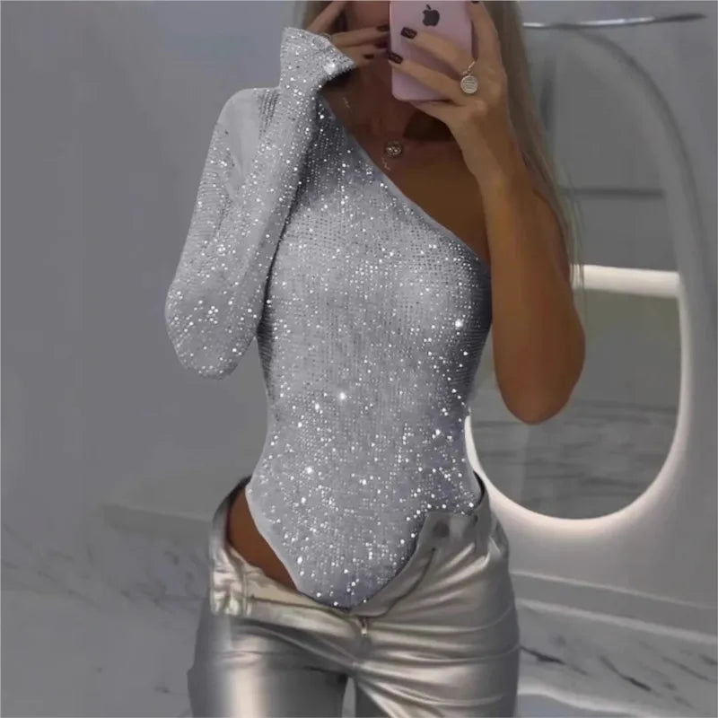 Jumpsuit Sequin Top One-Shoulder Tight Rhinrhinone Solid Silver One-Piece Fashion Party Nightclub Summer