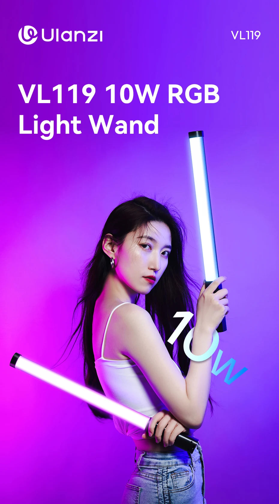 Ulanzi Upgraded VL119 Stick Light 10W RGB Light Wand Handheld Stick for Protrait Photography Live Streaming with Type-C Charging