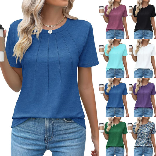 Womens Casual Crew Neck Short Sleeve Pleated Tops Blouses Fashion Clothes