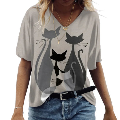 T-shirt Cartoon Cat Print Summer Short Sleeve V-Neck Kawaii Fashion Casual Tee Shirts With Cat Funny Femininity Clothing