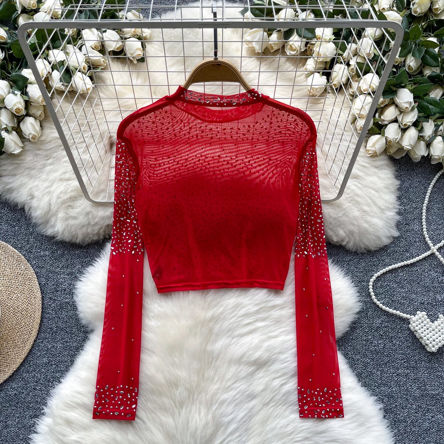 Thin See-tough Long Sve Me T-shirt ort Heavy-du Rhinestone Base irt Korean Sle Creative Pattern