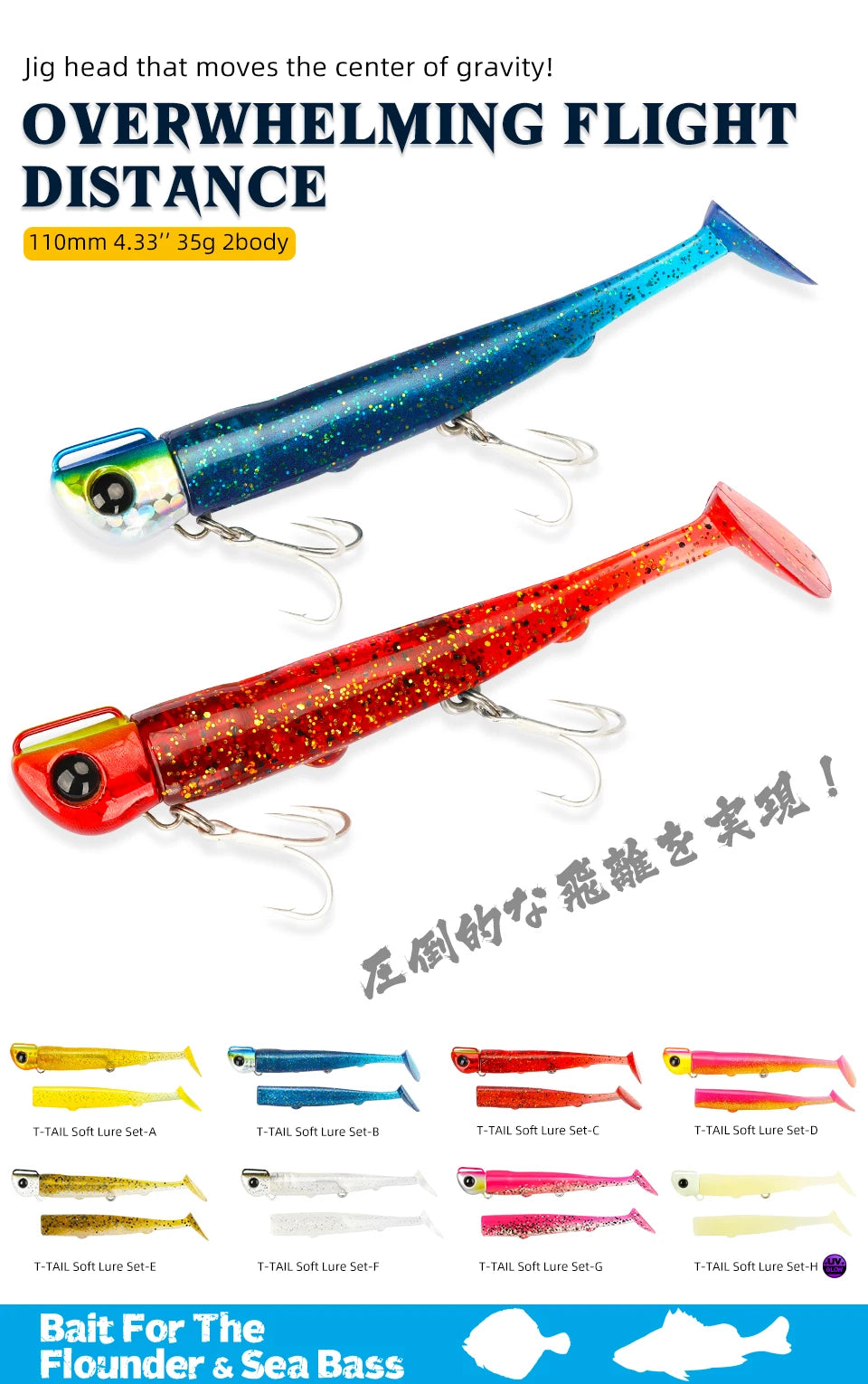 Jig Head Soft Fishing Lure 110mm 35g Long Casting Sea Bass Flounder Soft Body Swimbait Set With Saltwater Treble Hook