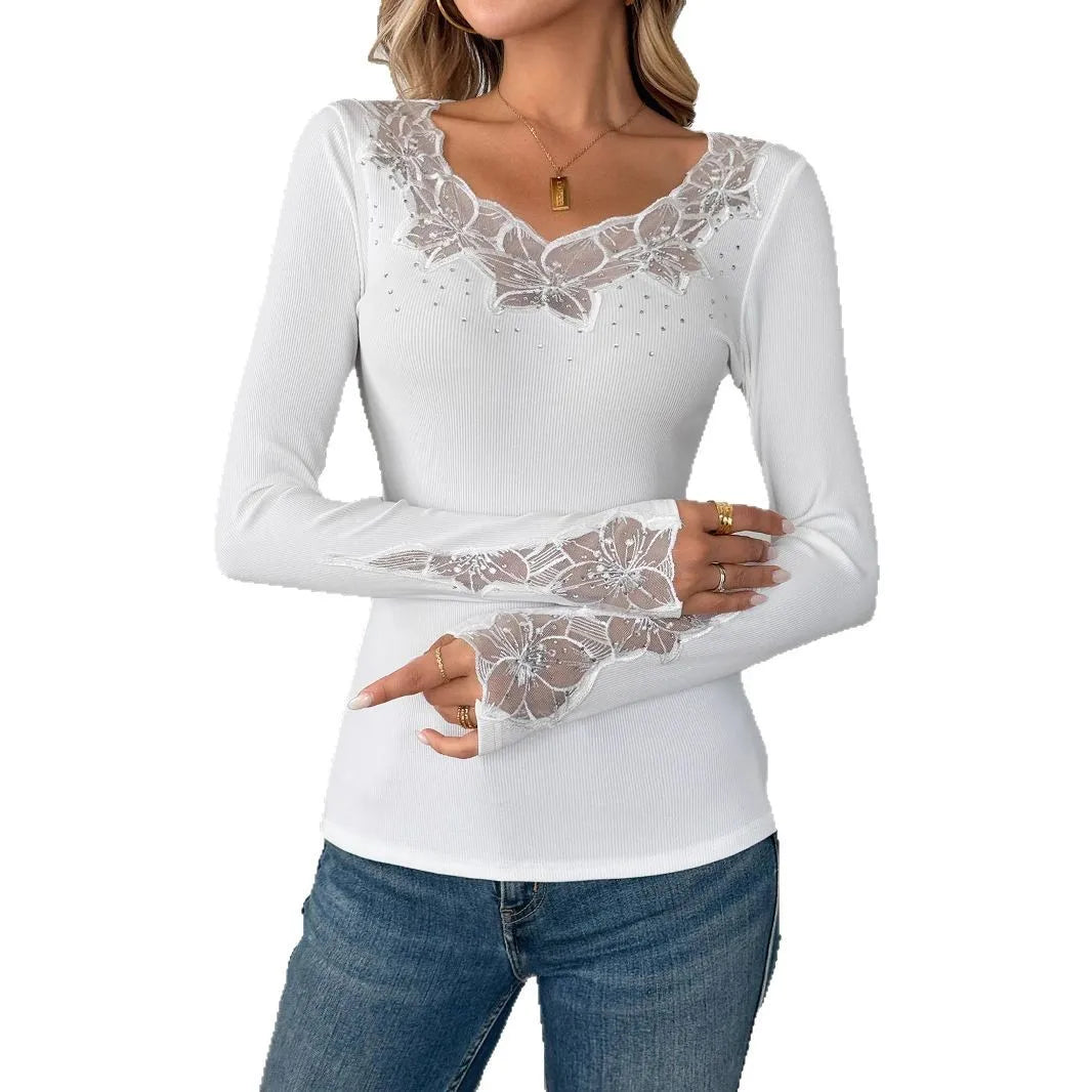 Women's T-Shirt Clothes New Solid Color Collar and Cuffs Splicing Lace Lace Rhinestone Long-sleeved T-shirt Tops Female