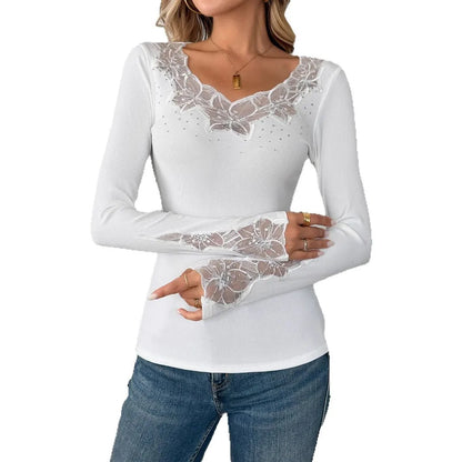 Women's T-Shirt Clothes New Solid Color Collar and Cuffs Splicing Lace Lace Rhinestone Long-sleeved T-shirt Tops Female
