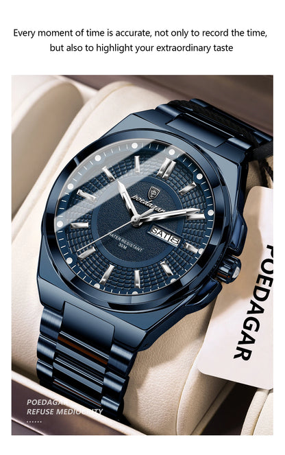 POEDAGAR Sport Original Men Clock Quartz Date Week Luxury Man Wristwatch Waterproof Luminous Stainless Steel Men's Watches Reloj