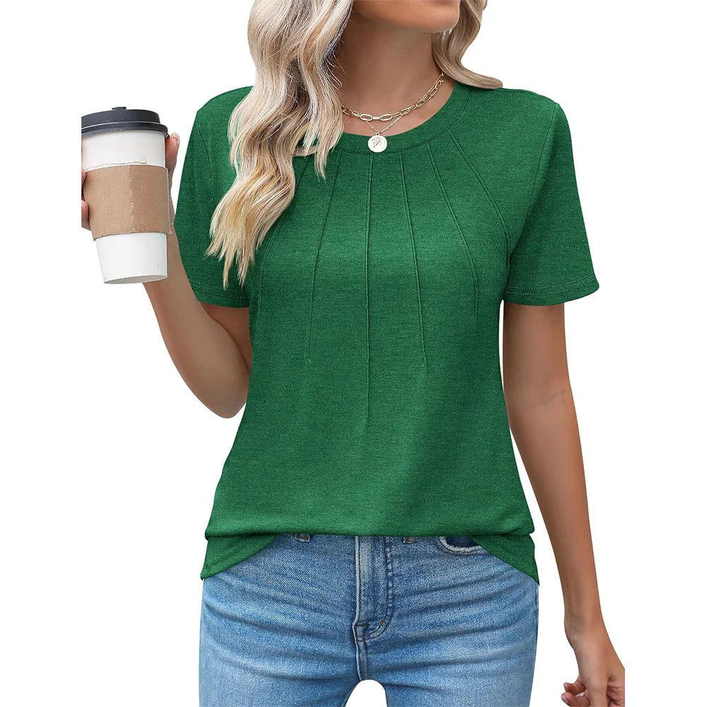 Womens Casual Crew Neck Short Sleeve Pleated Tops Blouses Fashion Clothes