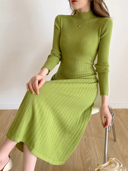 Slim Long Sleeve Party Midi Dress for Women Knitted Half High Collar Elegant Knitted Sweater Dresses Ladies