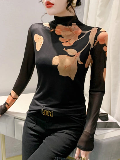 High Neck Long Sleeved Mesh Positioning Printed T-shirt Women Autumn Stretch Slim T Shirts Tops Female Base Tees HF8779