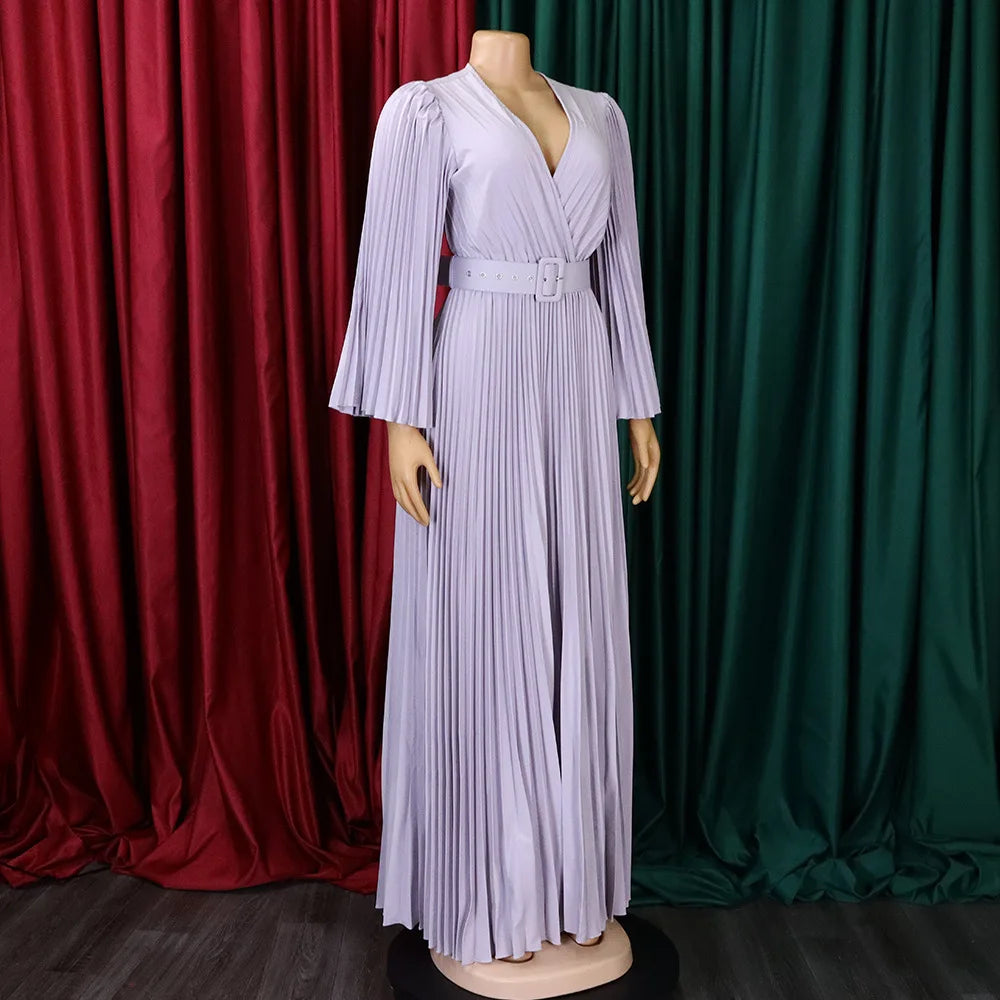 V-neck Flare Sleeve Big Swing Floor Length Maxi Long Dresses  Women Autumn Winter Party Prom Dress