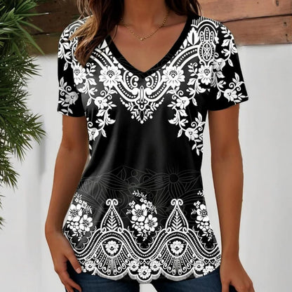 Wind Ladies V-neck T-shirt Summer Outdoor Casual Short Sleeve Tops Retro Street Flower Print OverSize Women's Clothing