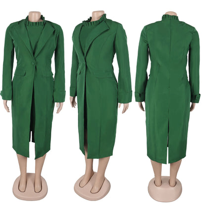 Elegant Office Lady Blazer Two Piece Sets Women Lapel Long Sleeve Coat And Slim Dress Outfit Female Clothing