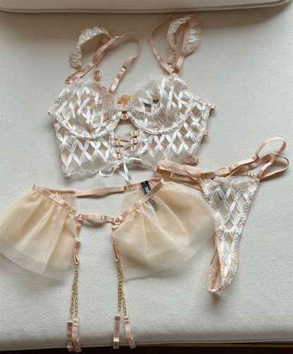 Embroidered Flying Sleeve Outer Lingerie Sexy Fishbone Corset Long Vest Style Bra Set of Three Women Underwear