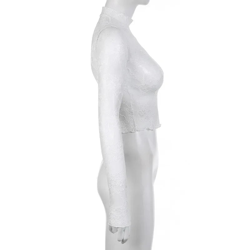 Lace Blouse Shirts Summer Women Turtleneck Long Sleeve See Through Lace Patchwork Thin Tops