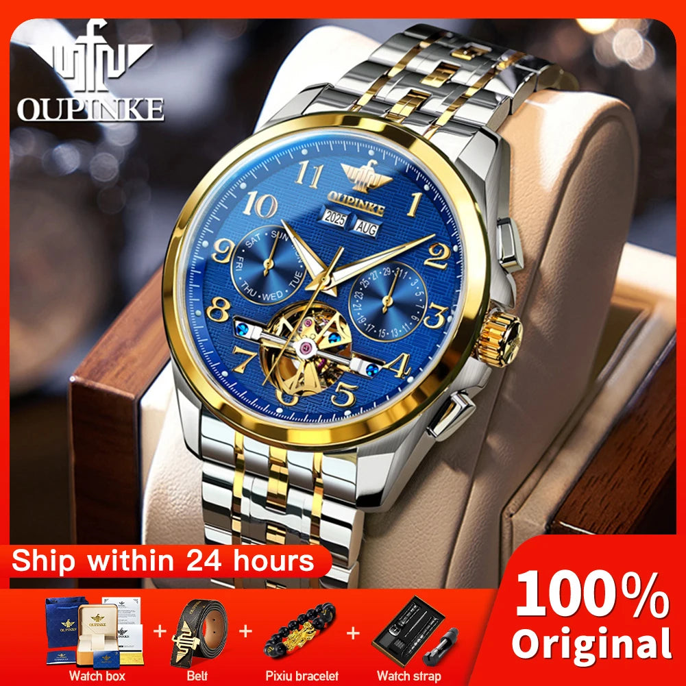 OUPINKE 3263 Mens Watch Luxury Flywheel Automatic Mechanical Watch﻿ 50M Waterproof Luminous Tungsten Steel Brand Watches New