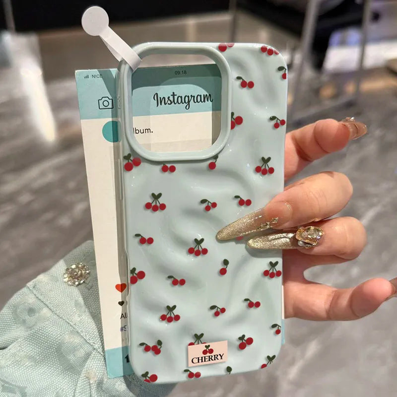 Cute Cherry Folds Texture Phone Case For iPhone 17 16 15 14 13 12 11 Pro Max 16 15 Plus Candy Color Shockproof Soft Back Cover