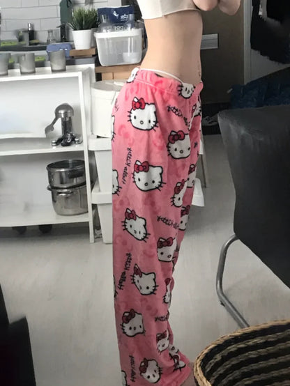 Sanrio Hello Kitty Anime Y2k Kawaii Flannel Pajamas Women'S Warm Woolen Cartoon Casual Home Pants Autumn Winter Fashion Trousers